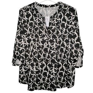 NWT NY Collection Plus Size 2X Black & Ivory Pintuck 3/4 Sleeve Top